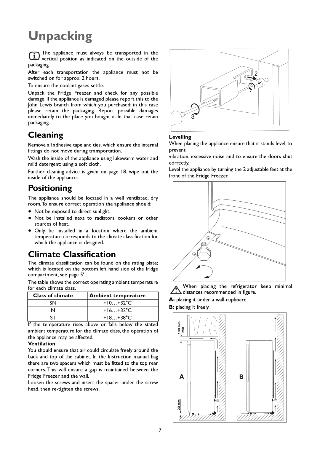 John Lewis JLFFW2004 instruction manual Unpacking, Cleaning, Positioning, Climate Classification 