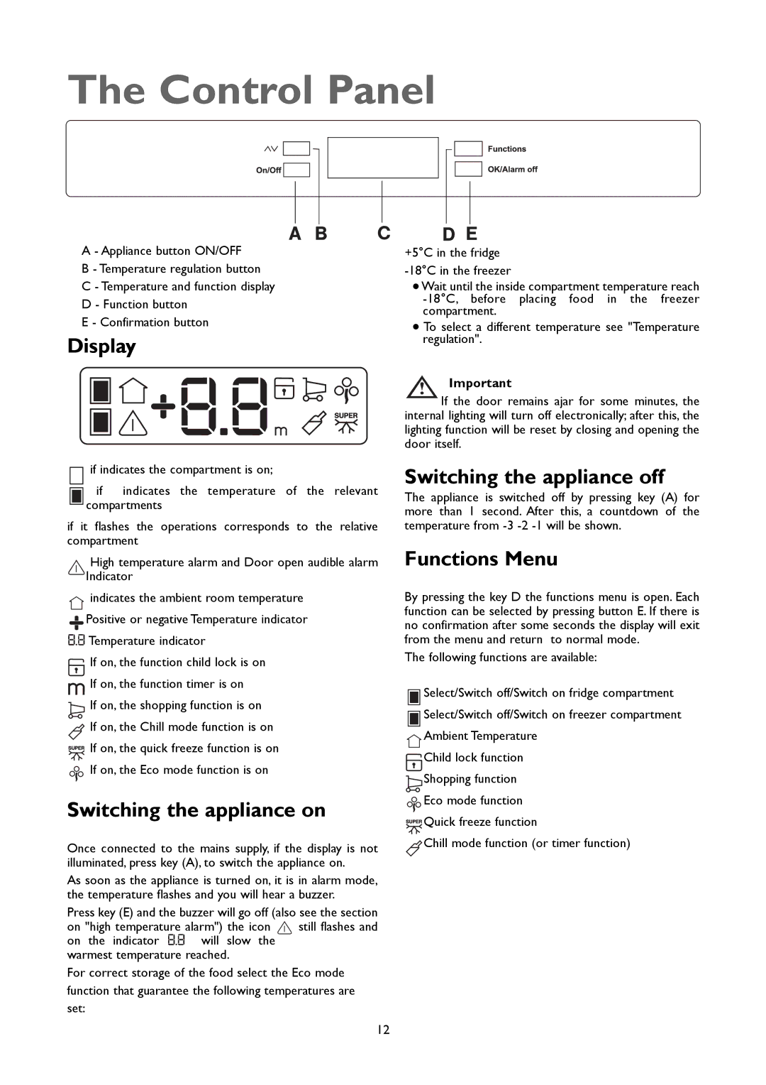 John Lewis JLFFW2005 Control Panel, Display, Switching the appliance on, Switching the appliance off, Functions Menu 