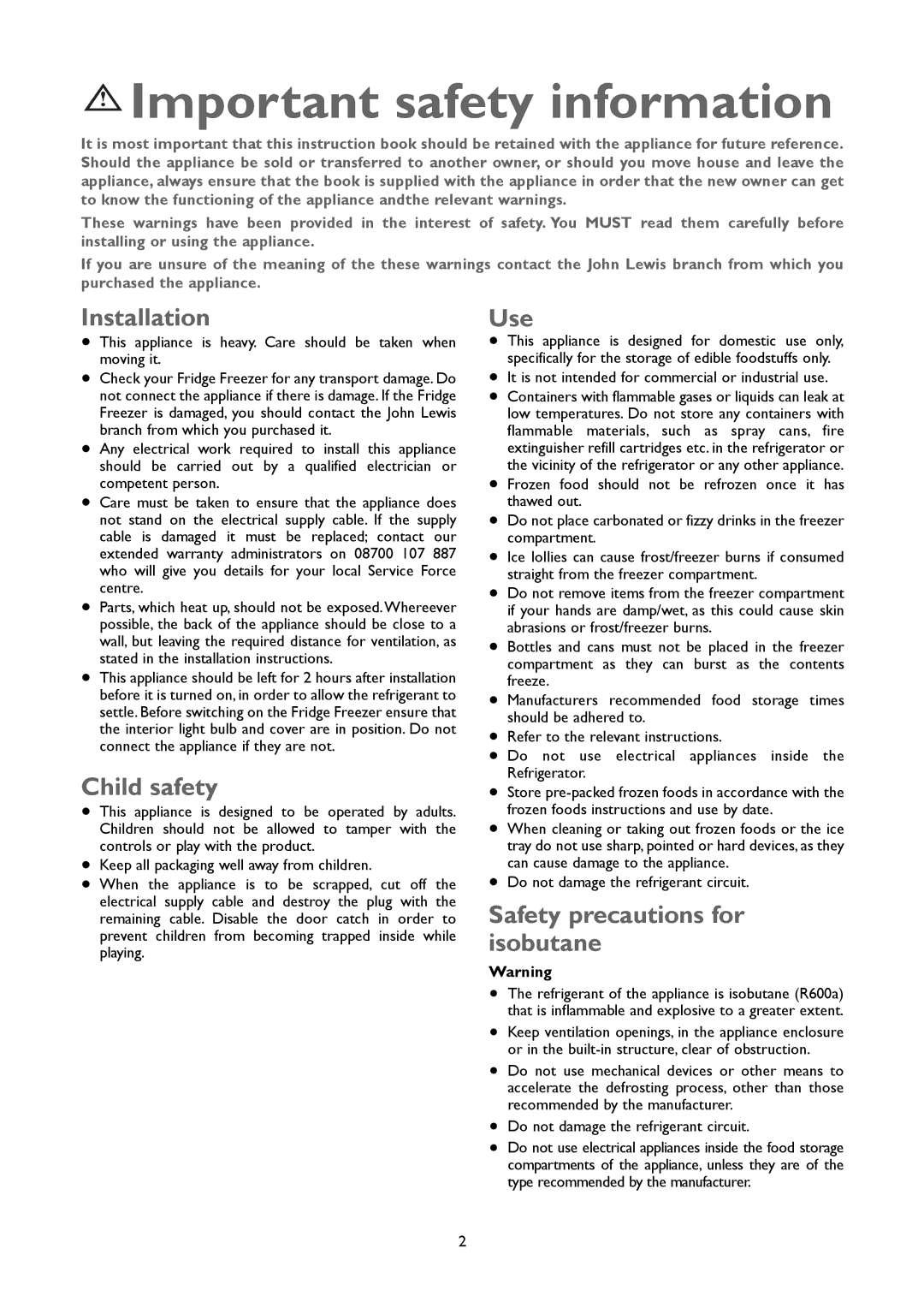 John Lewis JLFFW2005 Important safety information, Installation, Child safety, Use, Safety precautions for isobutane 