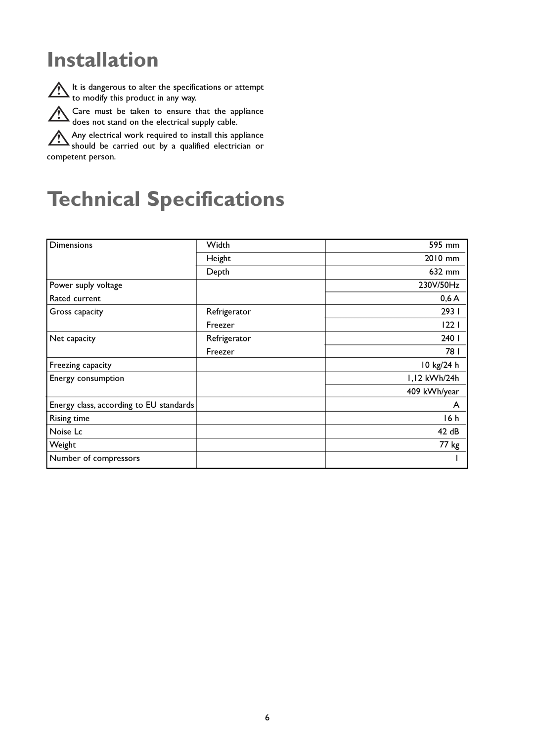 John Lewis JLFFW2005 instruction manual Installation, Technical Specifications 