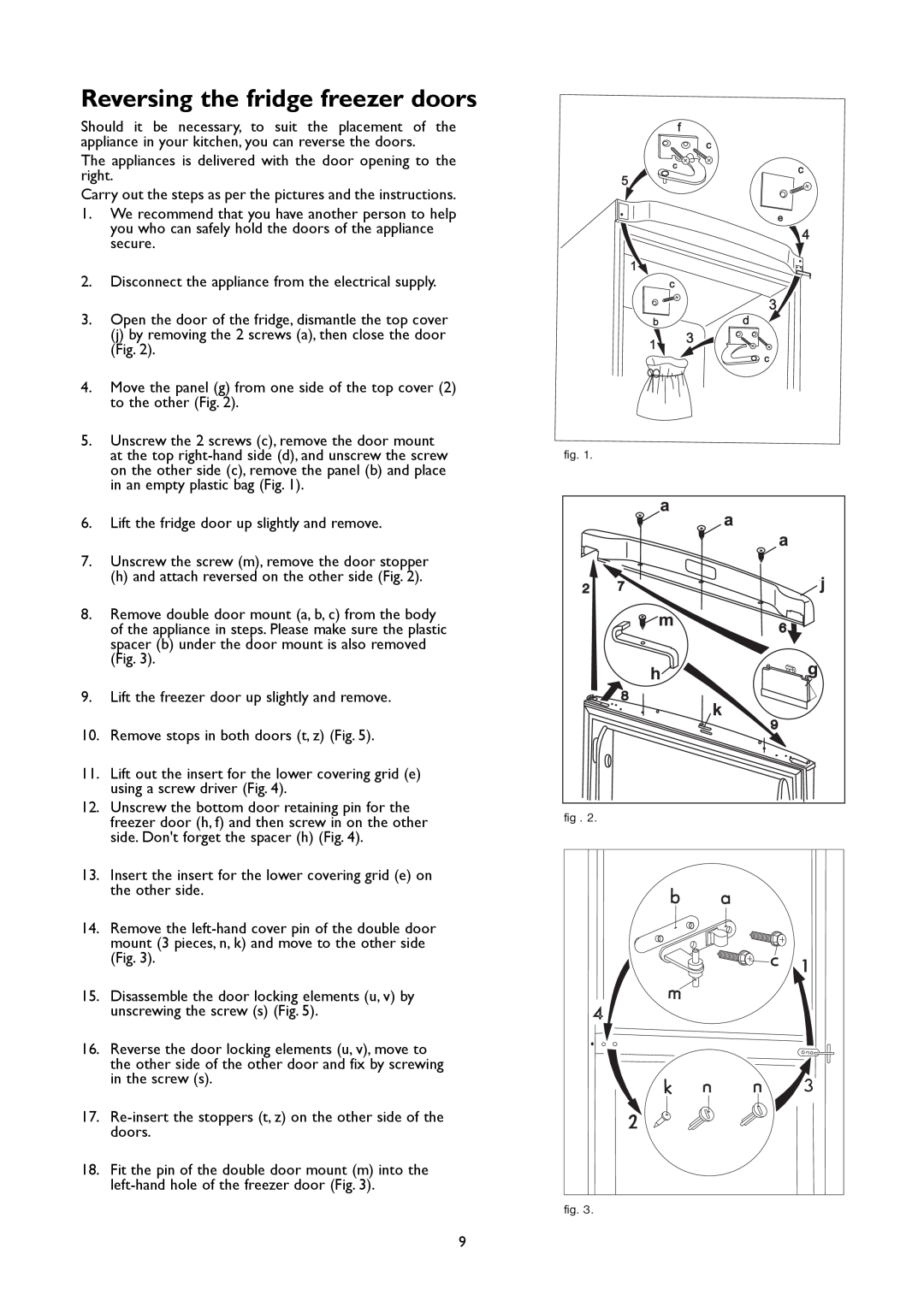 John Lewis JLFFW2005 instruction manual Reversing the fridge freezer doors 