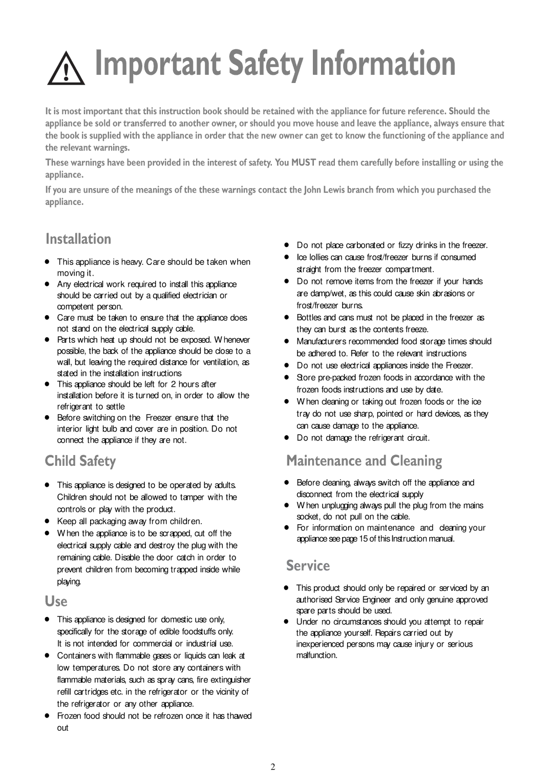 John Lewis JLFZW 1806 instruction manual Important Safety Information 