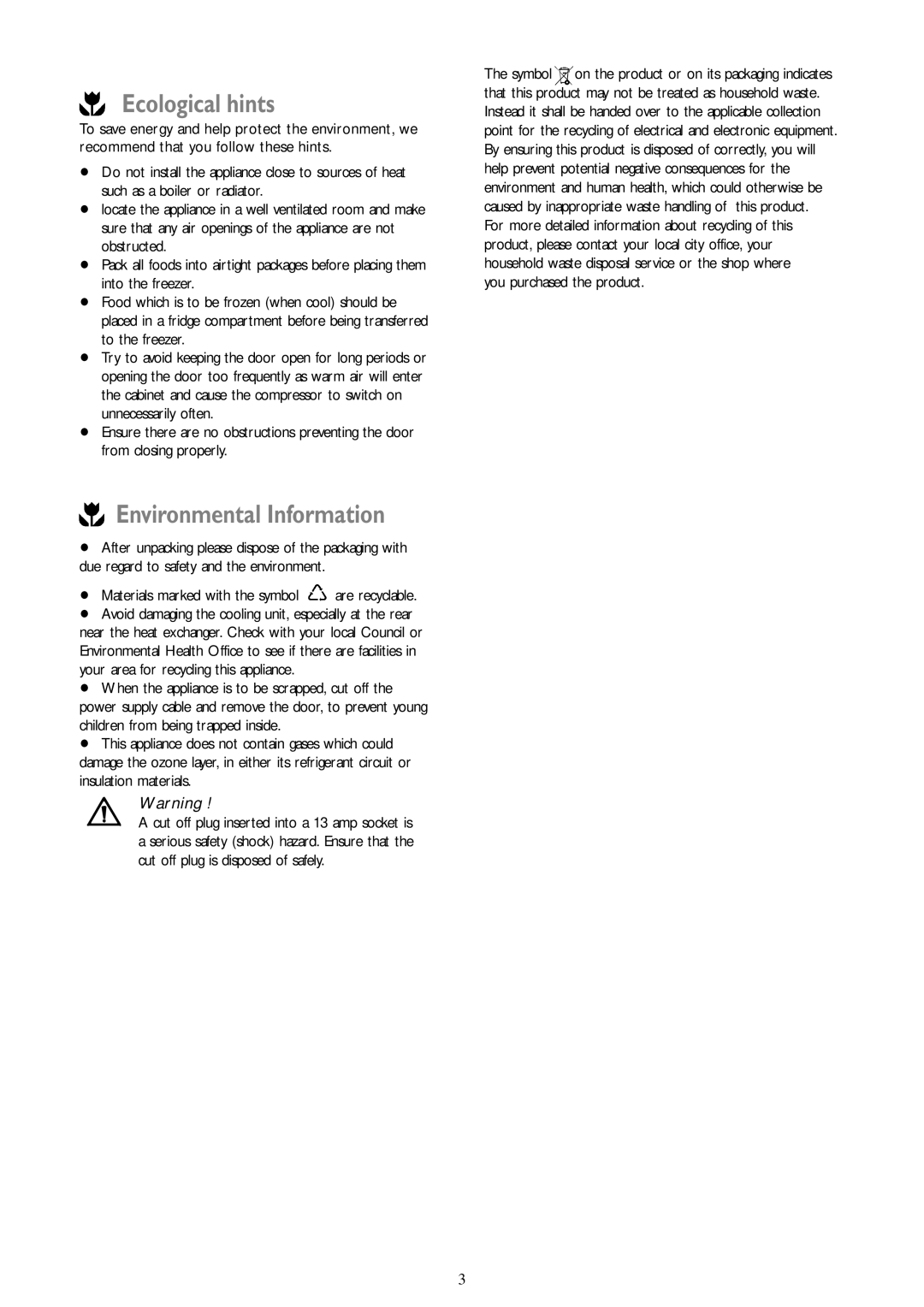 John Lewis JLFZW 1806 instruction manual Ecological hints 