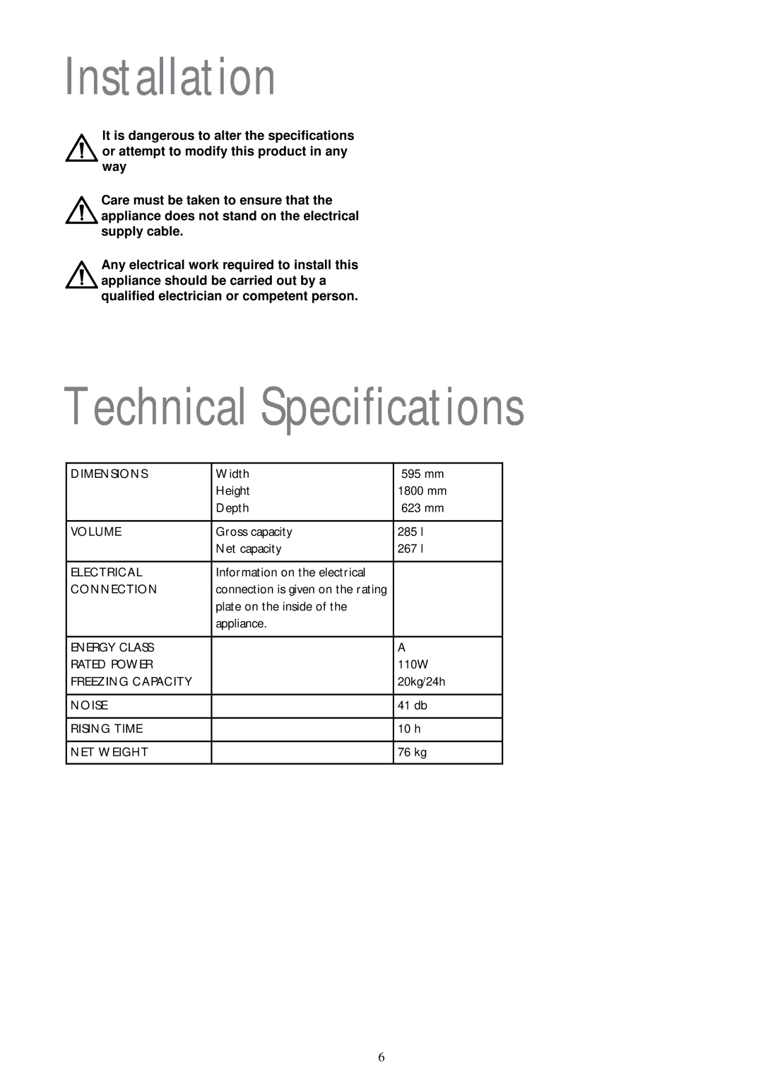 John Lewis JLFZW 1806 instruction manual Installation, Technical Specifications 