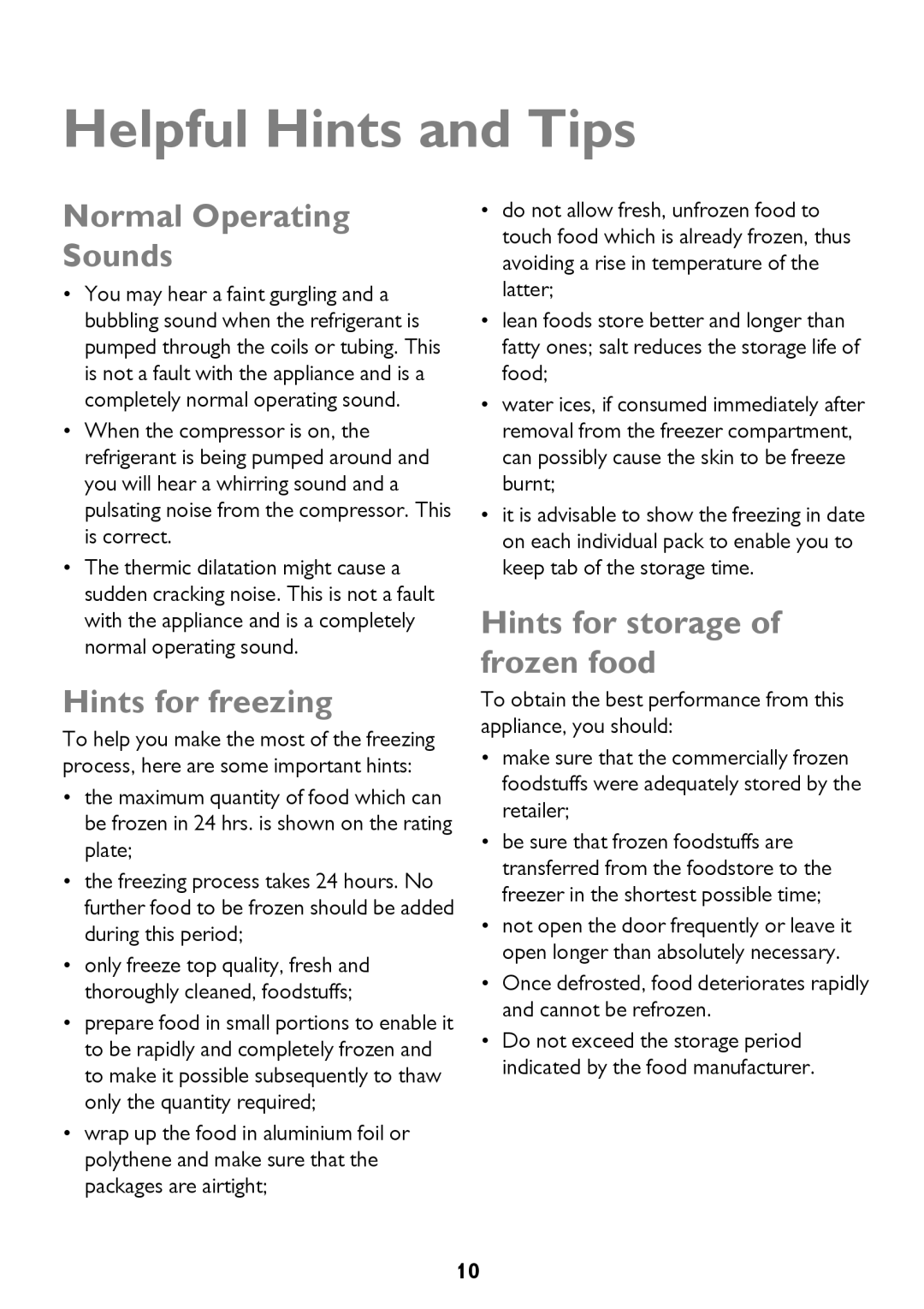 John Lewis JLFZW1601 Helpful Hints and Tips, Normal Operating Sounds, Hints for freezing, Hints for storage of frozen food 