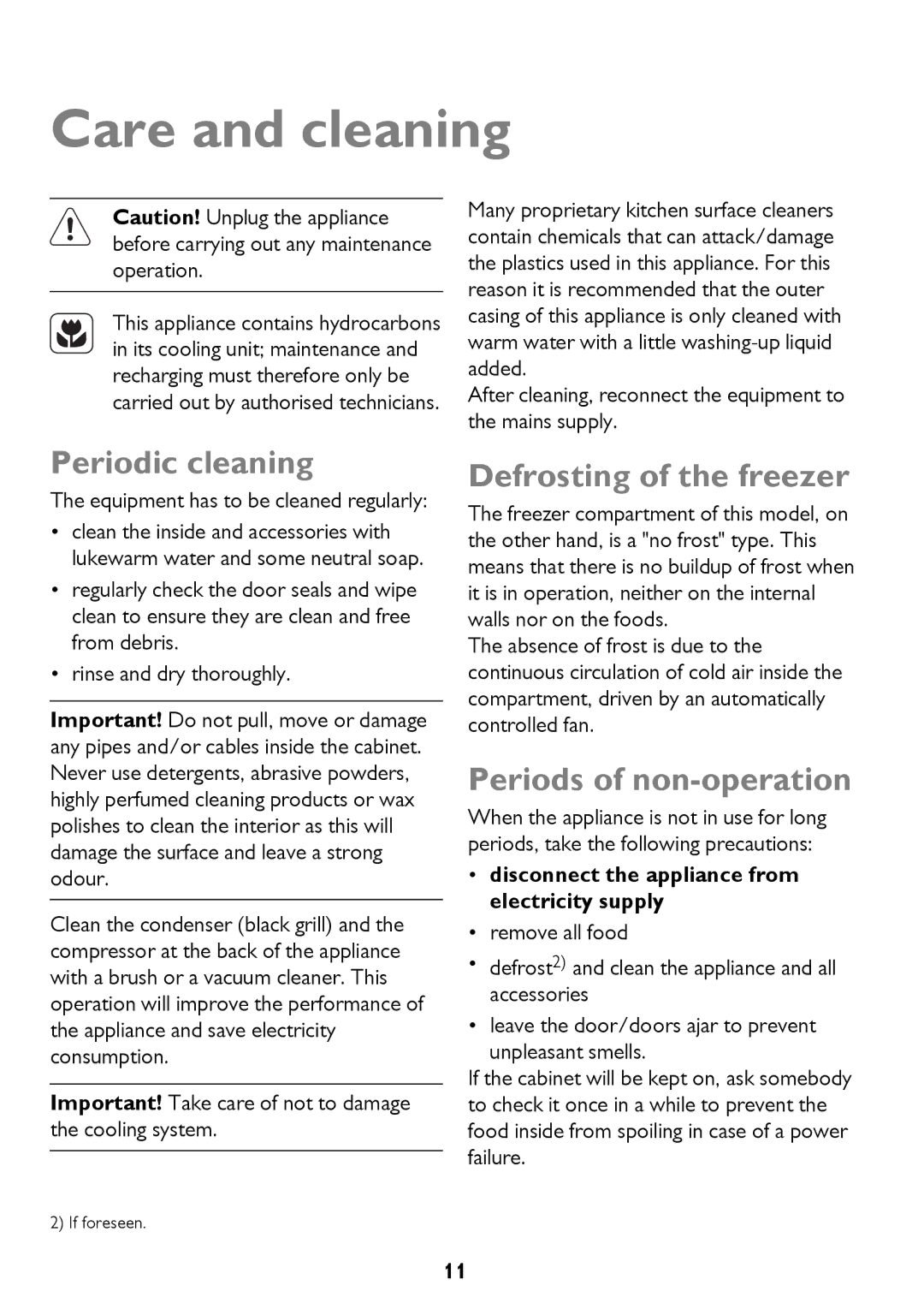 John Lewis JLFZW1601 Care and cleaning, Periodic cleaning, Defrosting of the freezer, Periods of non-operation 