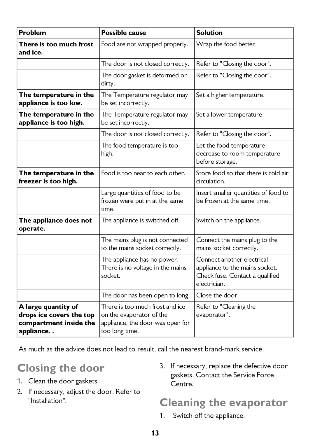 John Lewis JLFZW1601 instruction manual Closing the door, Cleaning the evaporator, Switch off the appliance 
