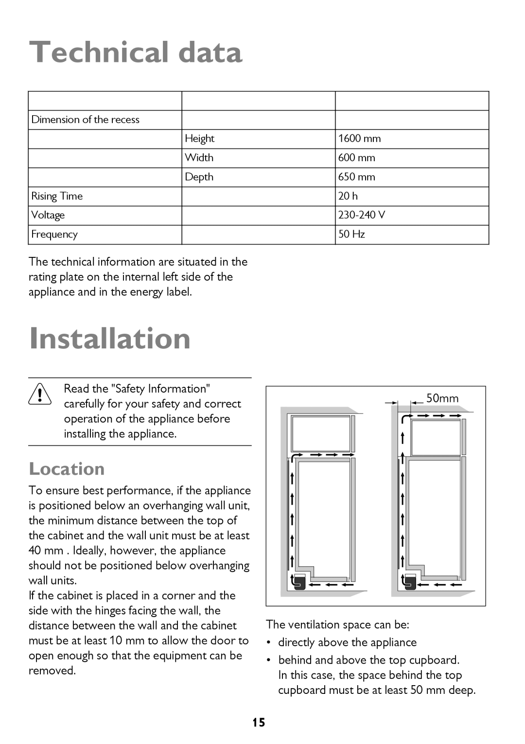 John Lewis JLFZW1601 Technical data, Installation, Location, Ventilation space can be Directly above the appliance 