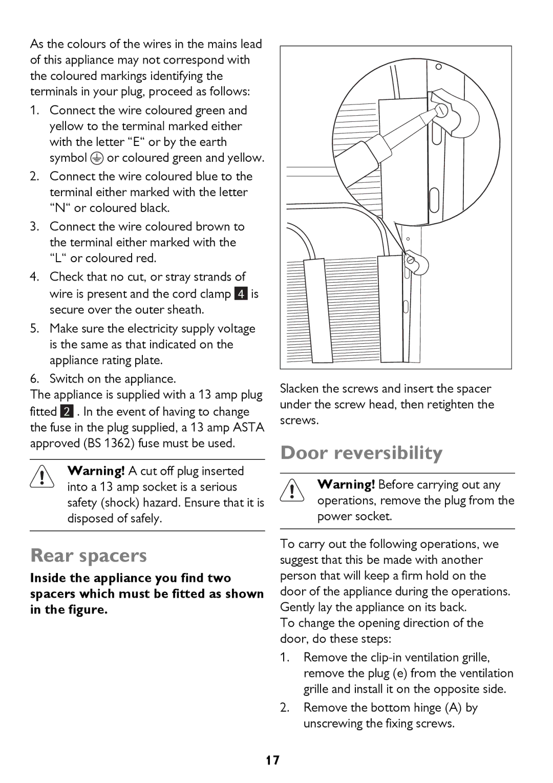 John Lewis JLFZW1601 Rear spacers, Door reversibility, To change the opening direction of the door, do these steps 