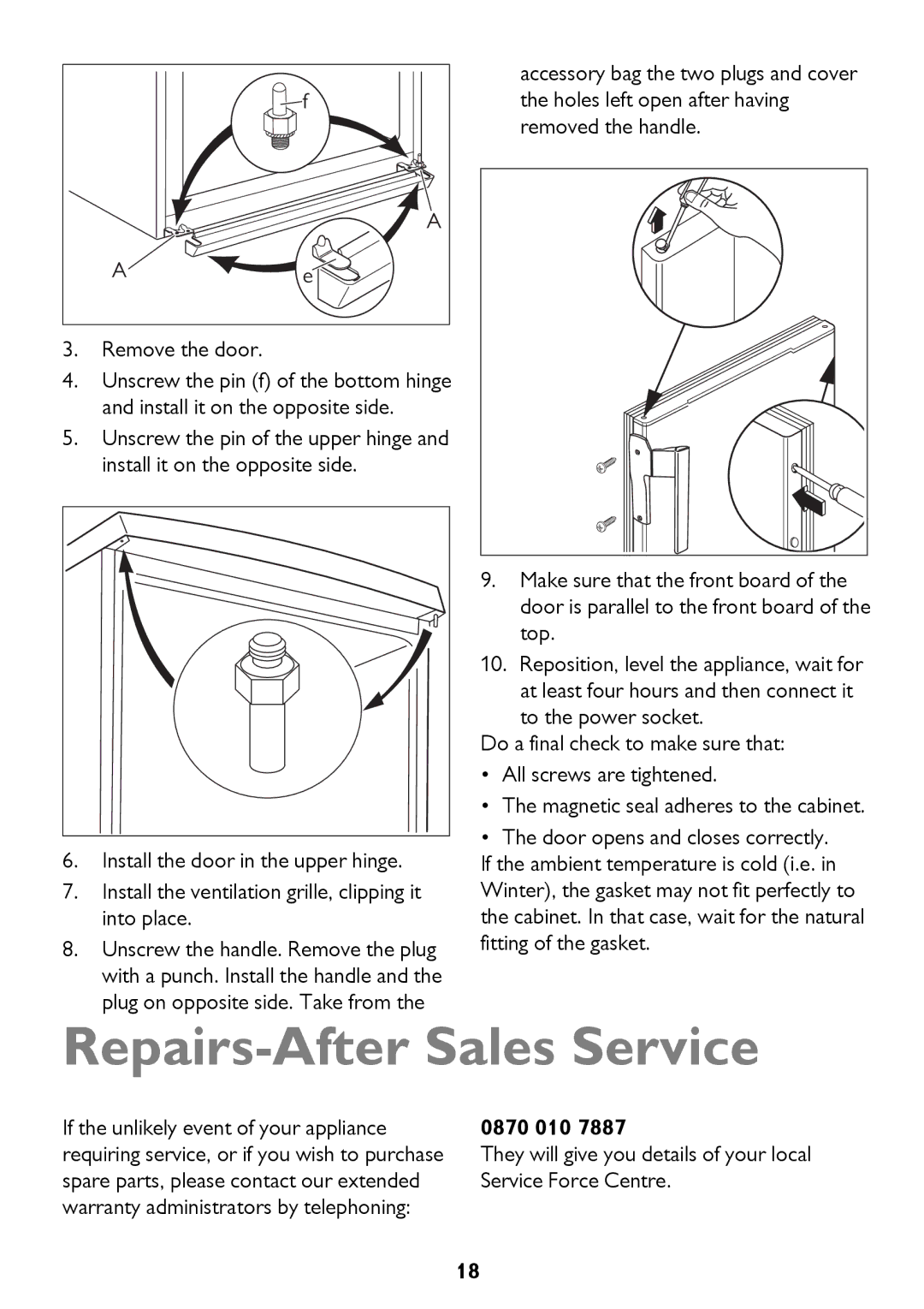 John Lewis JLFZW1601 instruction manual Repairs-After Sales Service, Remove the door 