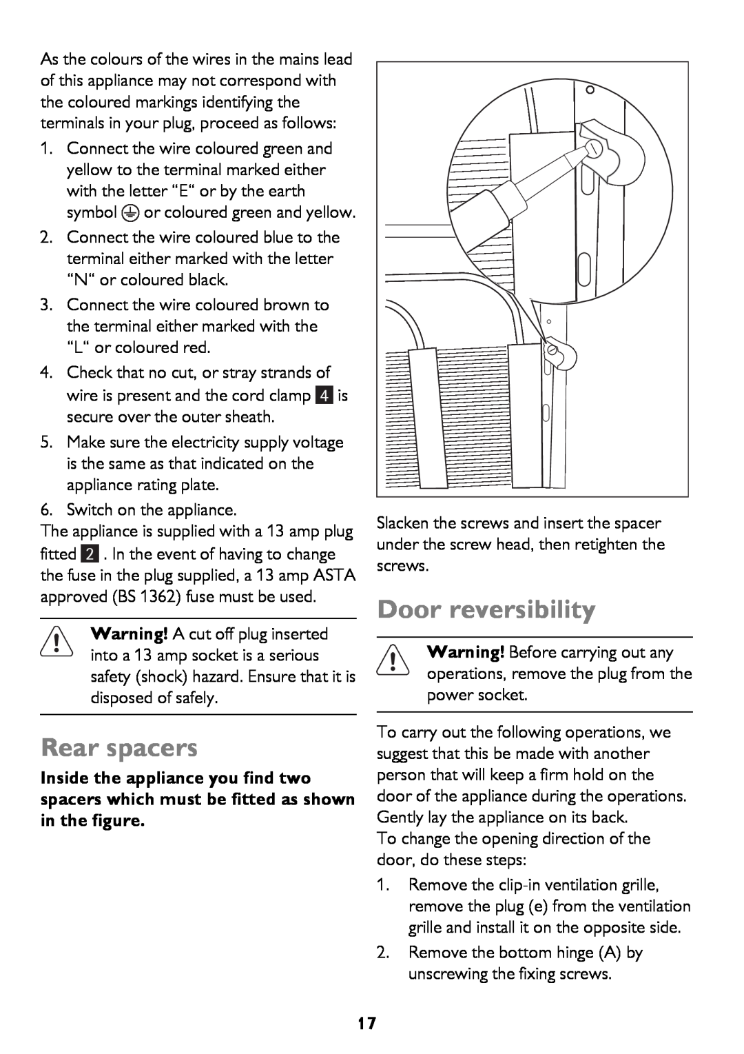John Lewis JLFZW1601 instruction manual Rear spacers, Door reversibility 