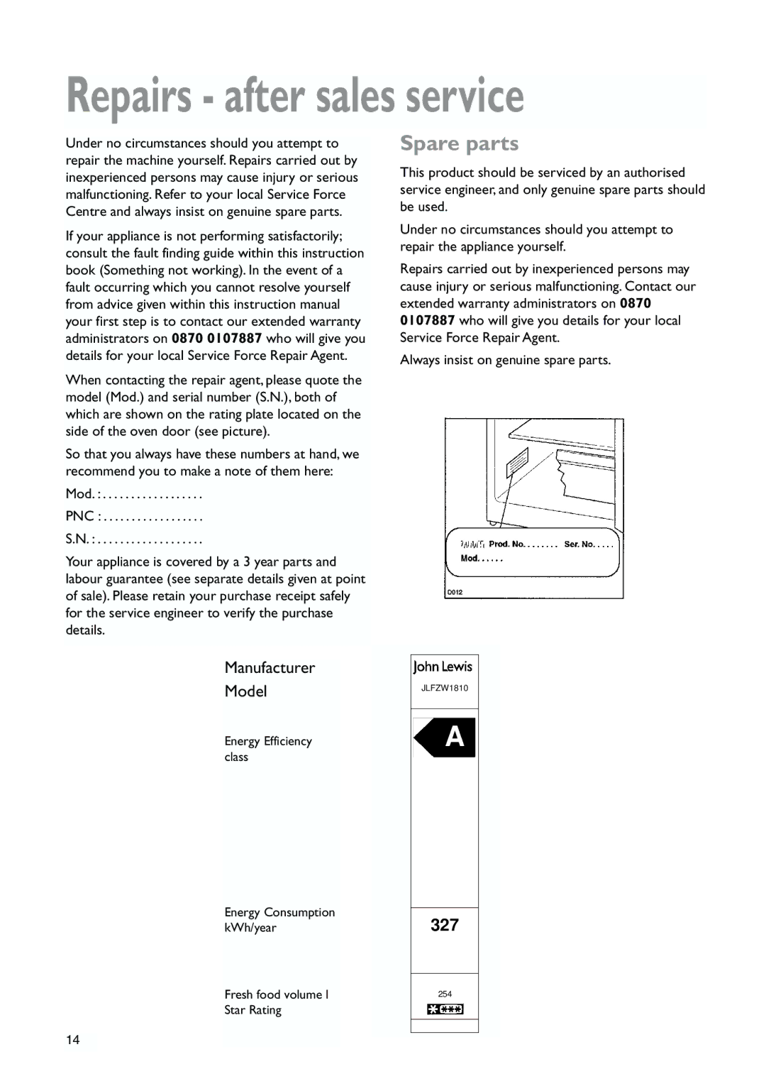 John Lewis JLFZW1810 instruction manual Repairs after sales service, Spare parts 