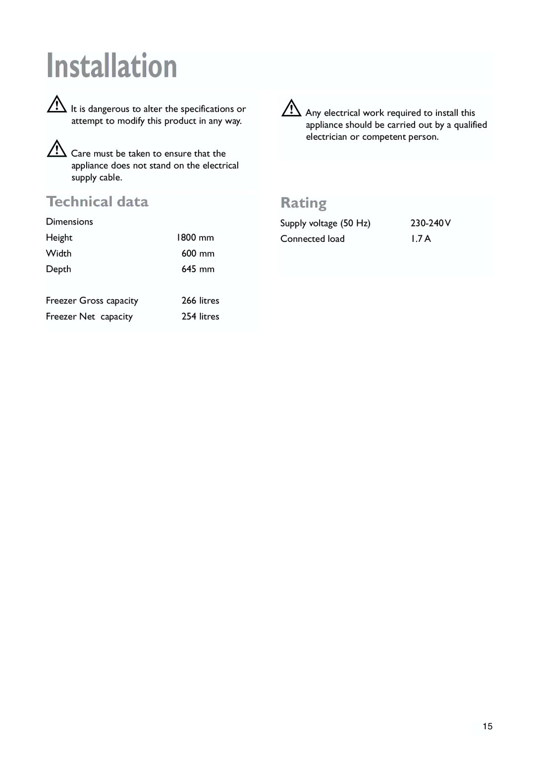 John Lewis JLFZW1810 instruction manual Installation, Technical data, Rating 