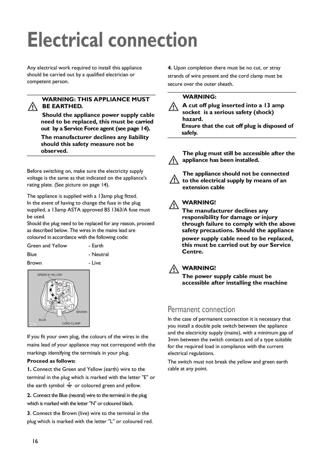 John Lewis JLFZW1810 instruction manual Electrical connection 