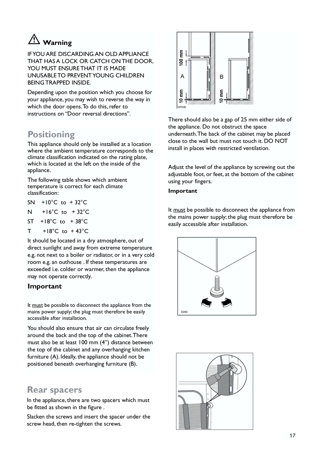 John Lewis JLFZW1810 instruction manual Positioning, Rear spacers 