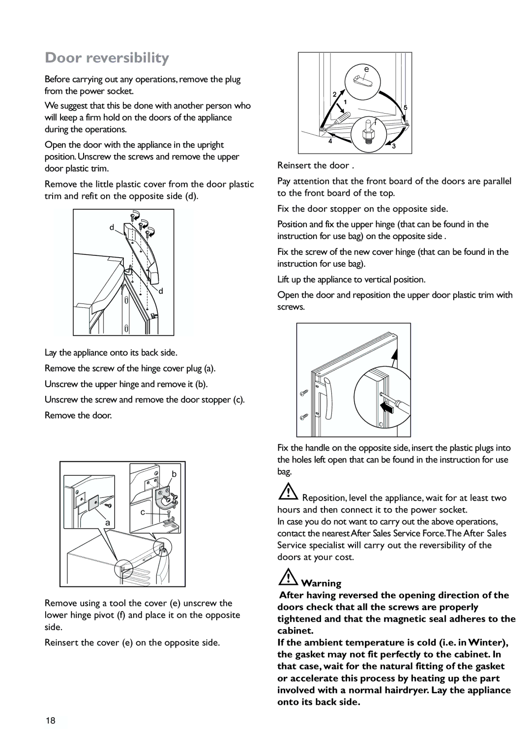 John Lewis JLFZW1810 instruction manual Door reversibility 