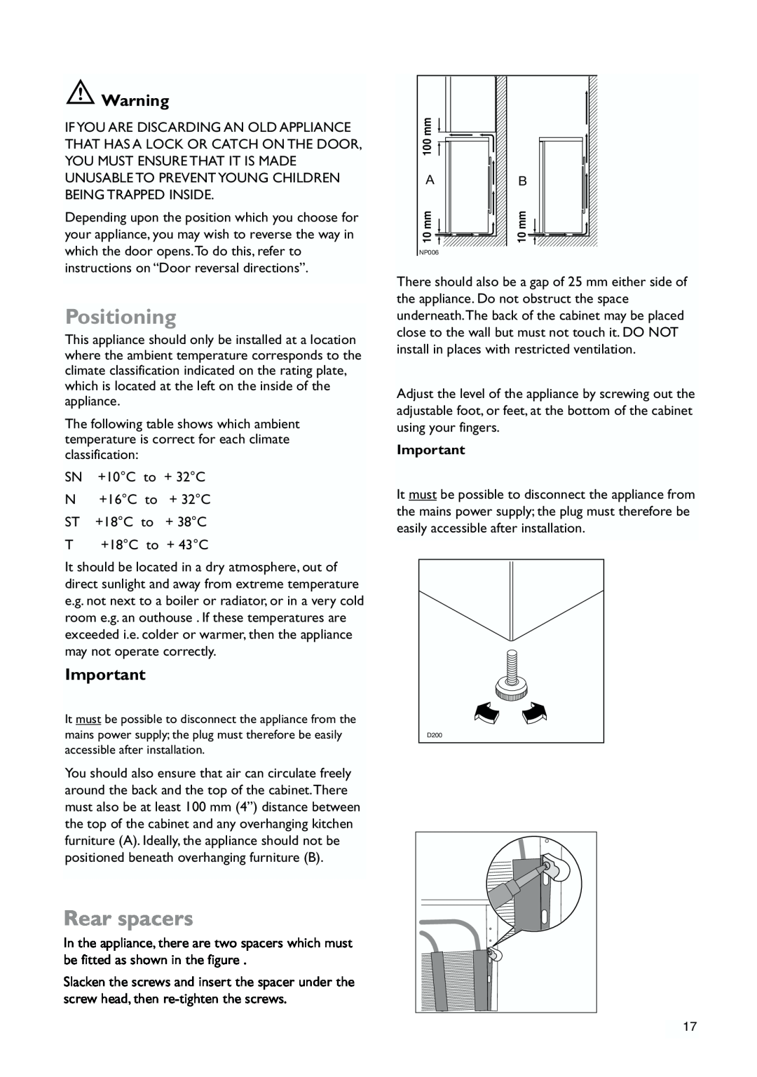 John Lewis JLFZW1810 instruction manual Positioning, Rear spacers 