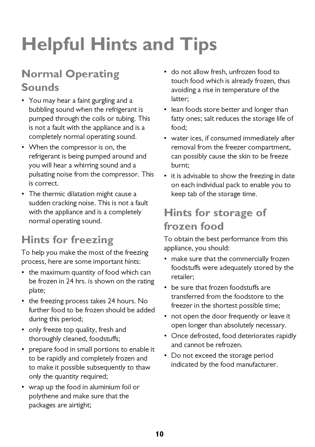 John Lewis JLFZW1812 Helpful Hints and Tips, Normal Operating Sounds, Hints for freezing, Hints for storage of frozen food 