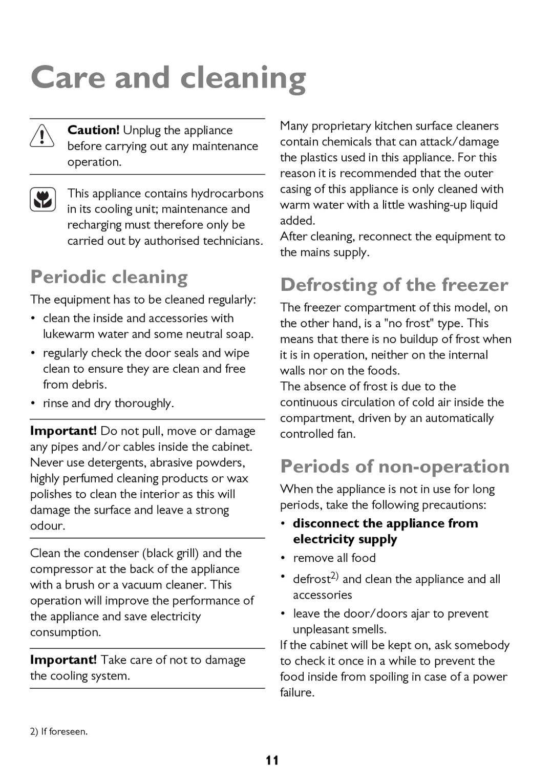 John Lewis JLFZW1812 Care and cleaning, Periodic cleaning, Defrosting of the freezer, Periods of non-operation 