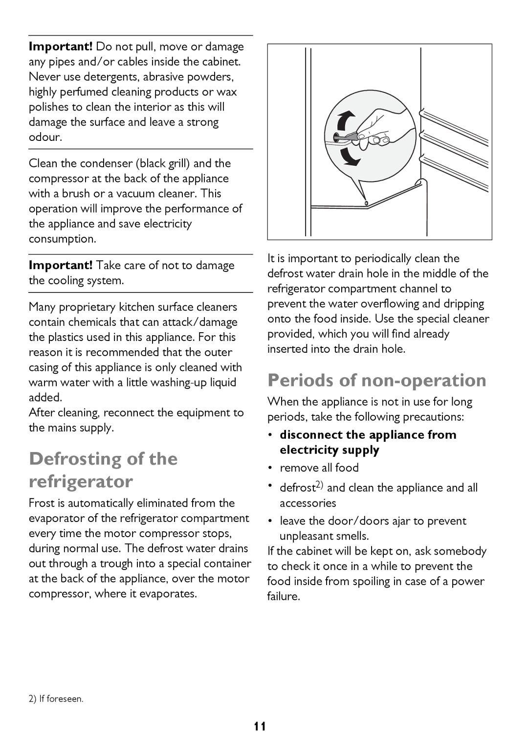 John Lewis JLLFW1602 instruction manual Defrosting of the refrigerator, Periods of non-operation 