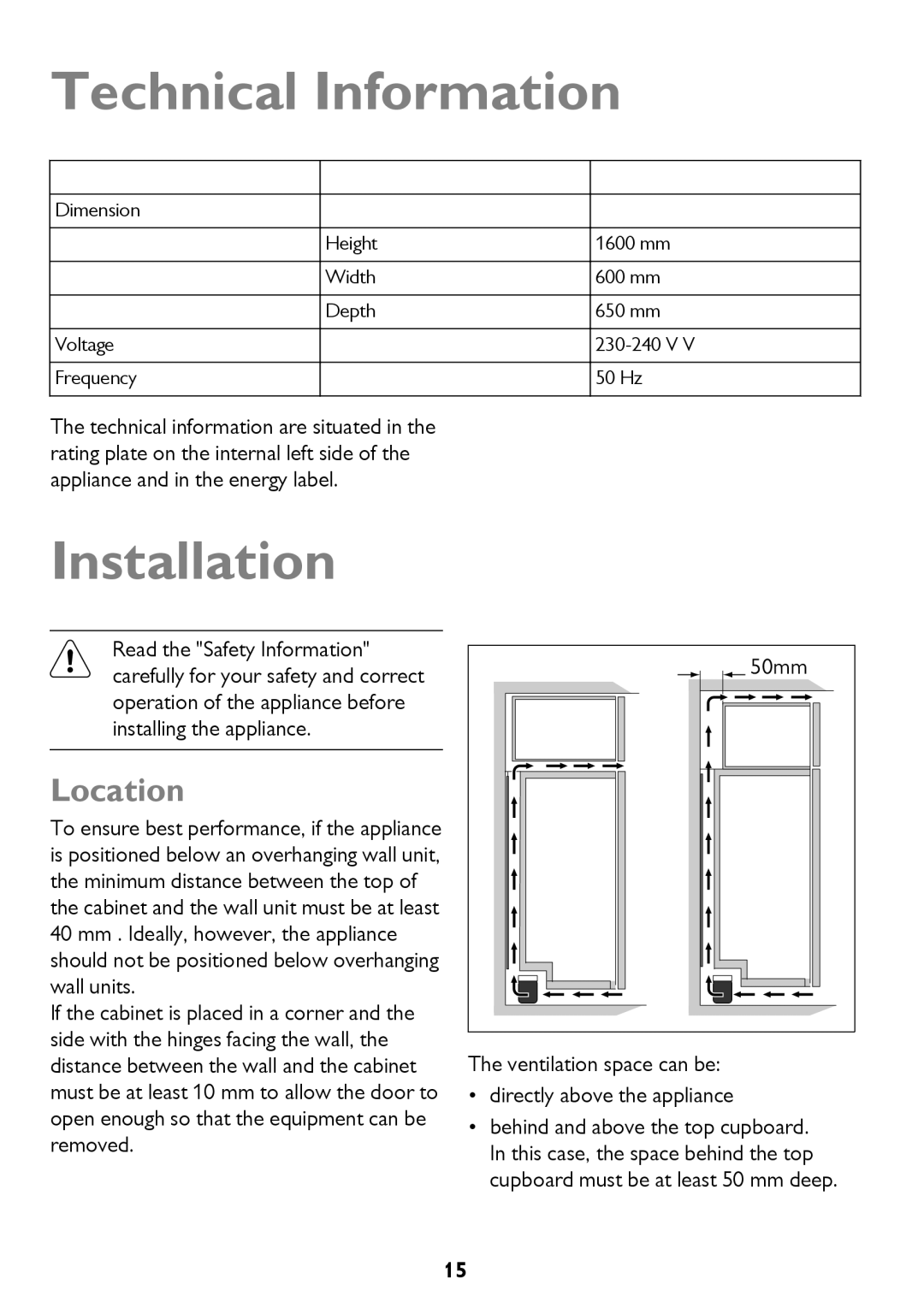 John Lewis JLLFW1602 Technical Information, Installation, Location, Ventilation space can be Directly above the appliance 