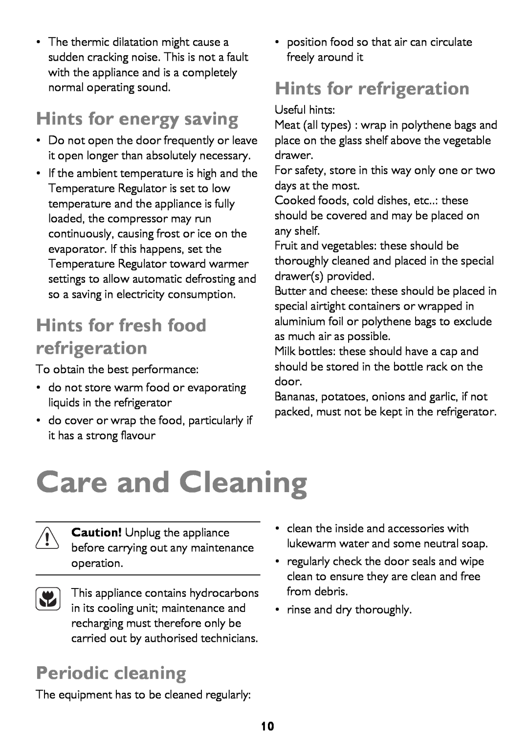 John Lewis JLLFW1602 Care and Cleaning, Hints for energy saving, Hints for fresh food refrigeration, Periodic cleaning 