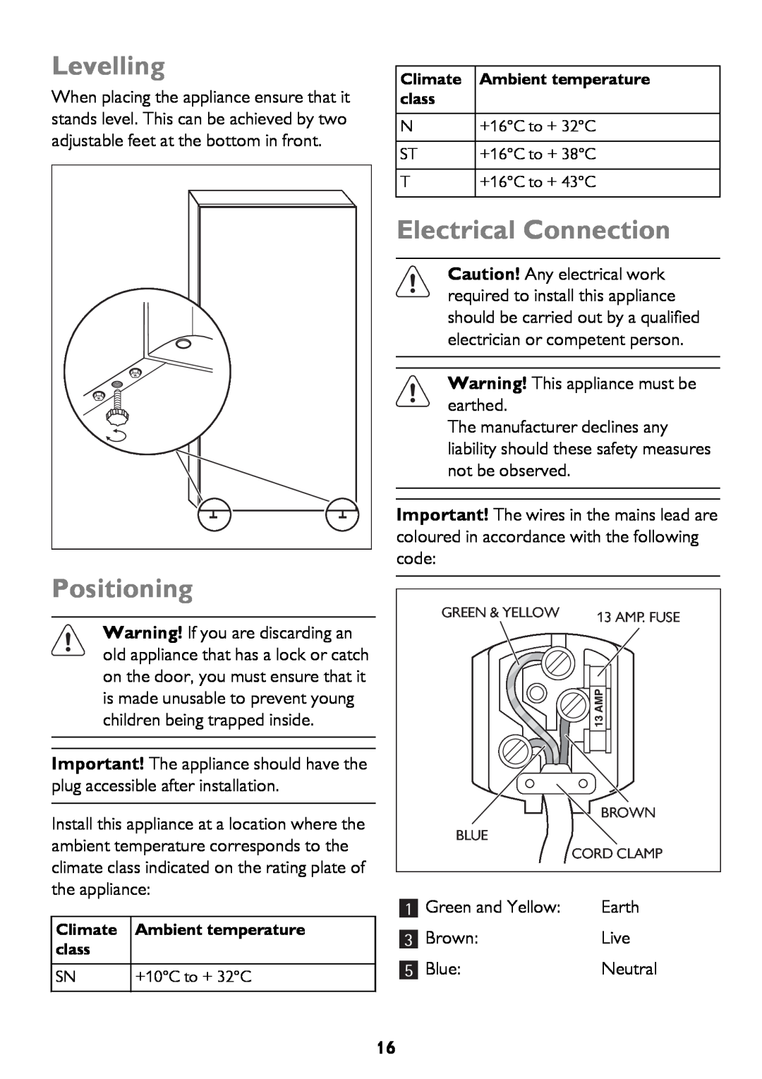 John Lewis JLLFW1602 instruction manual Levelling, Positioning, Electrical Connection 
