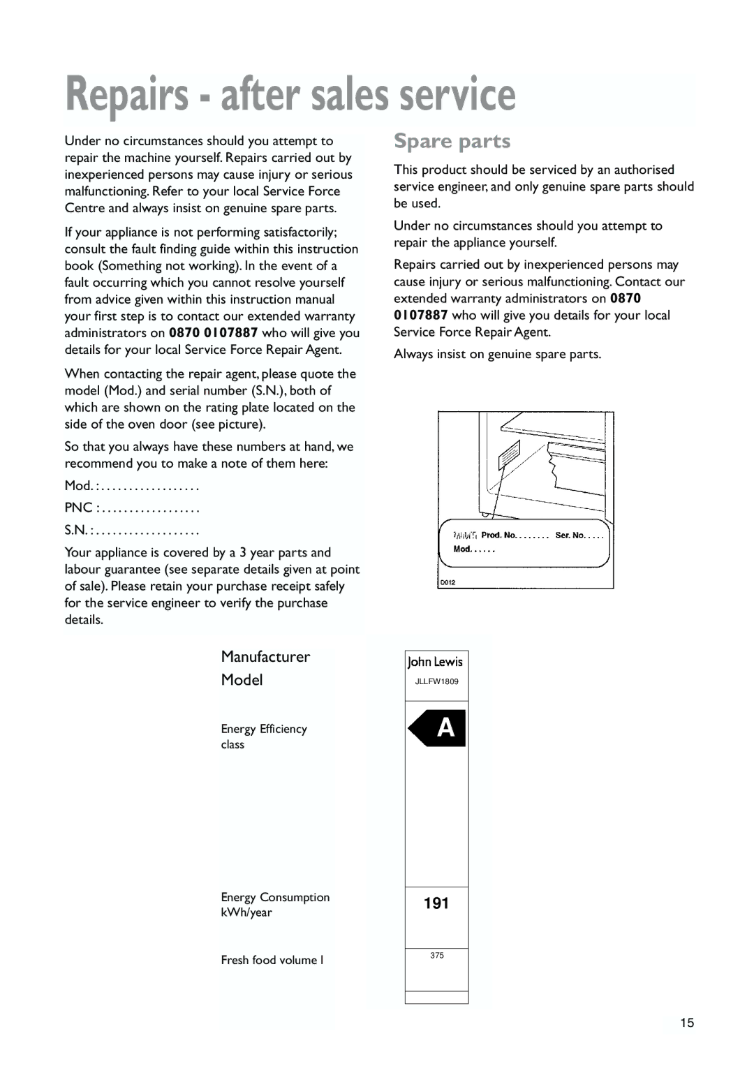 John Lewis JLLFW1809 instruction manual Repairs after sales service, Spare parts 