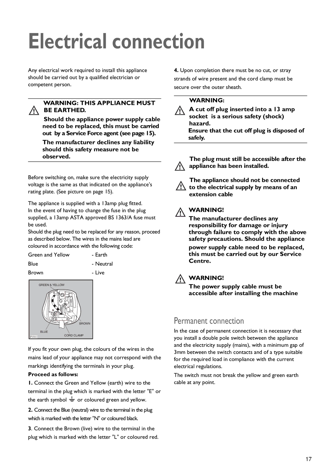 John Lewis JLLFW1809 instruction manual Electrical connection 