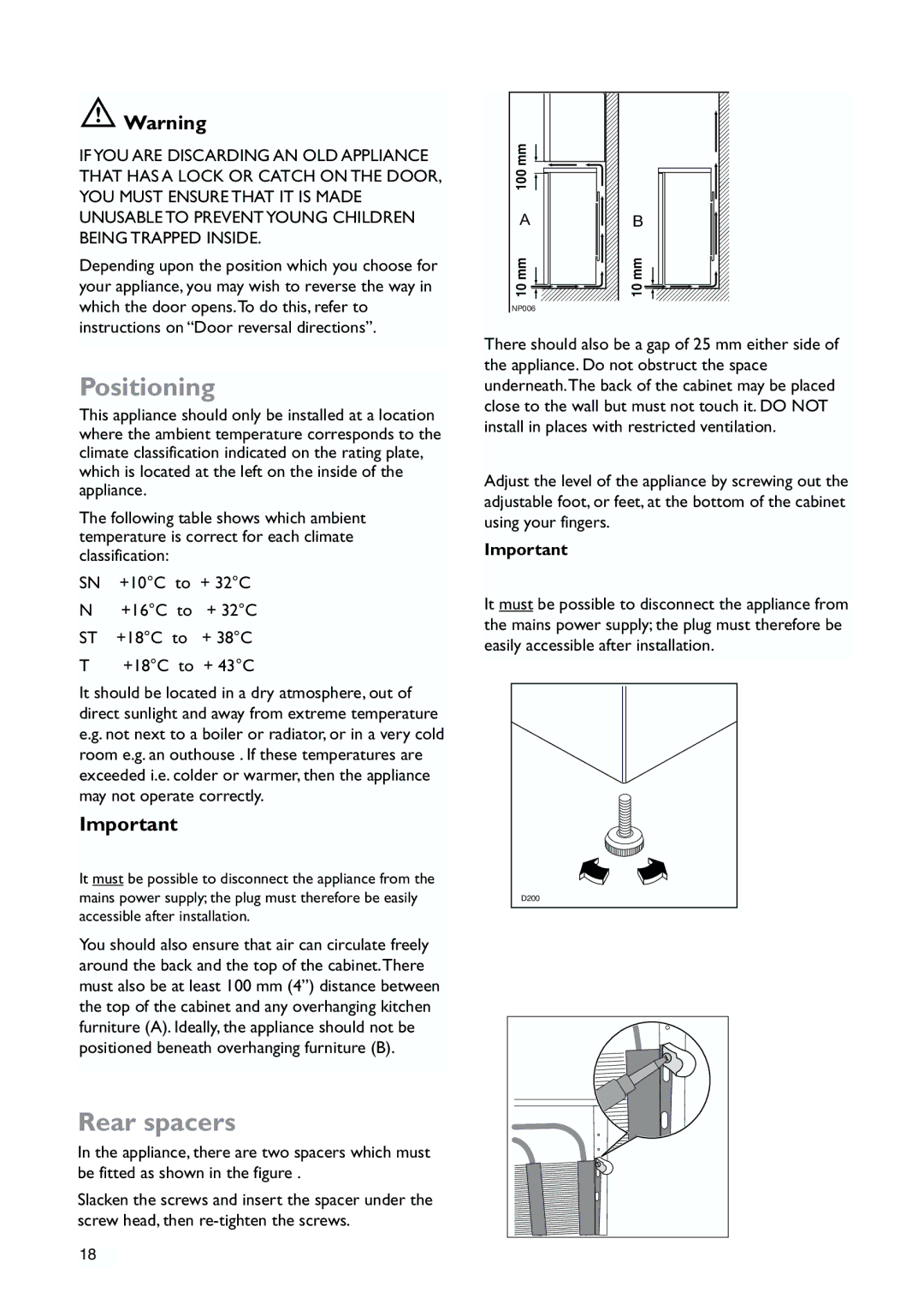 John Lewis JLLFW1809 instruction manual Positioning, Rear spacers 