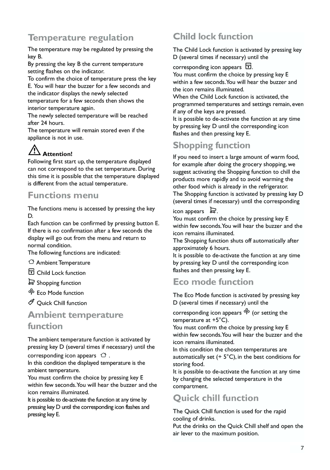 John Lewis JLLFW1809 Temperature regulation, Functions menu, Ambient temperature function, Child lock function 