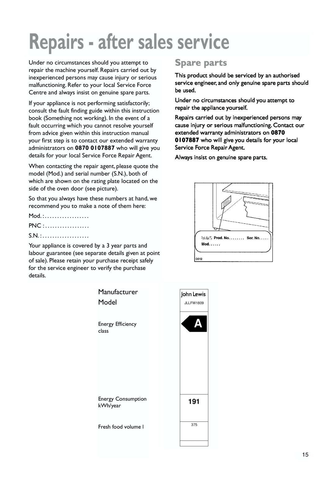 John Lewis JLLFW1809 instruction manual Repairs - after sales service, Spare parts, Manufacturer Model 