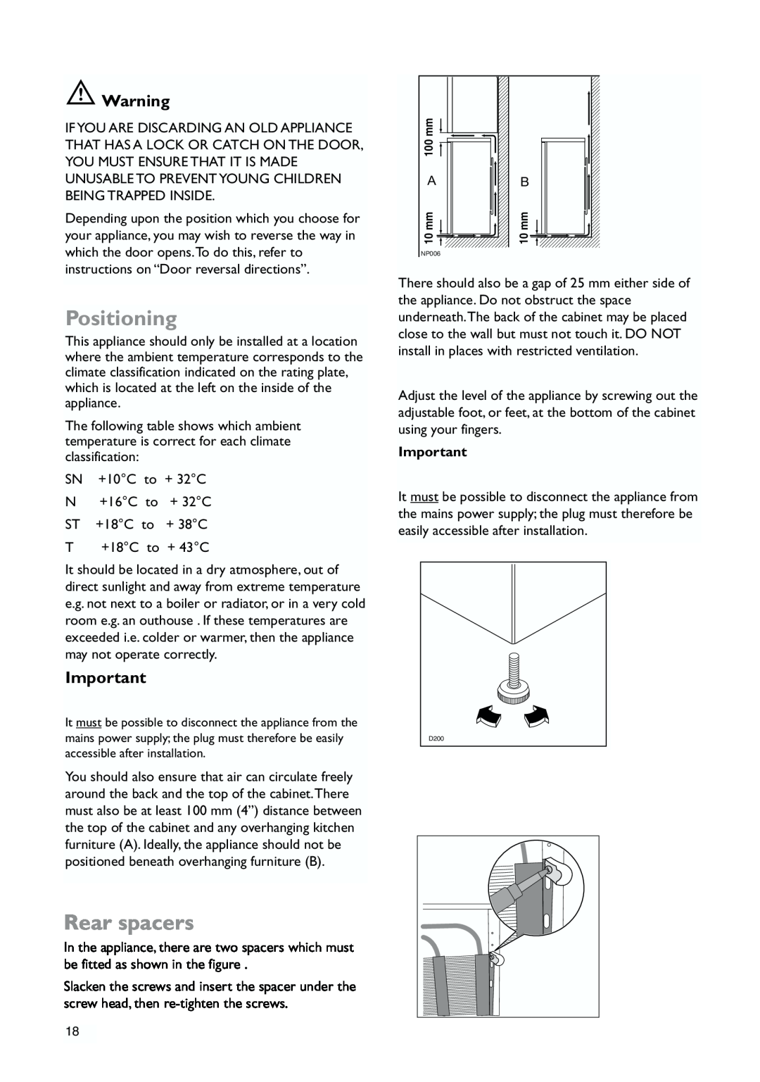 John Lewis JLLFW1809 instruction manual Positioning, Rear spacers 
