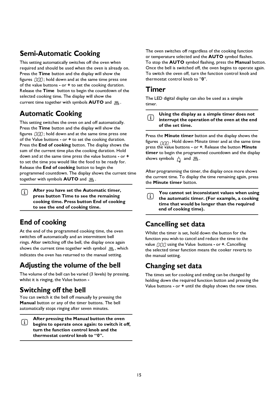 John Lewis JLRC101 Semi-Automatic Cooking, Timer, End of cooking, Adjusting the volume of the bell, Switching off the bell 