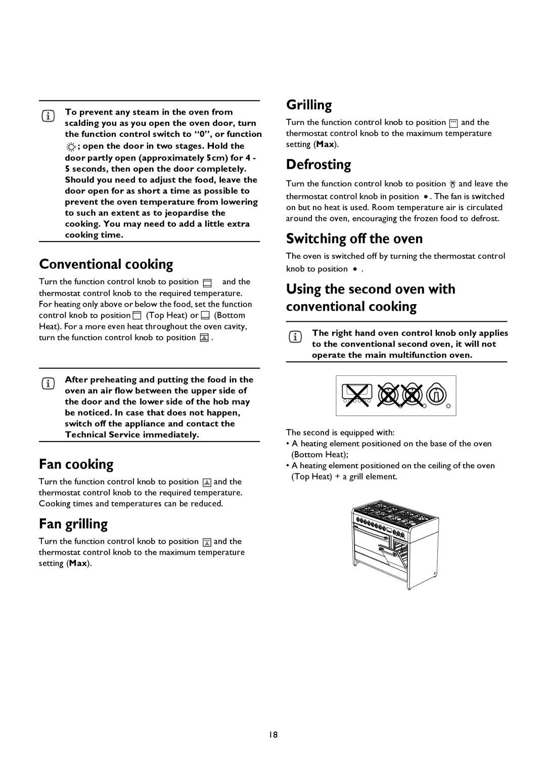 John Lewis JLRC101 Conventional cooking, Fan cooking, Fan grilling, Grilling, Defrosting, Switching off the oven 