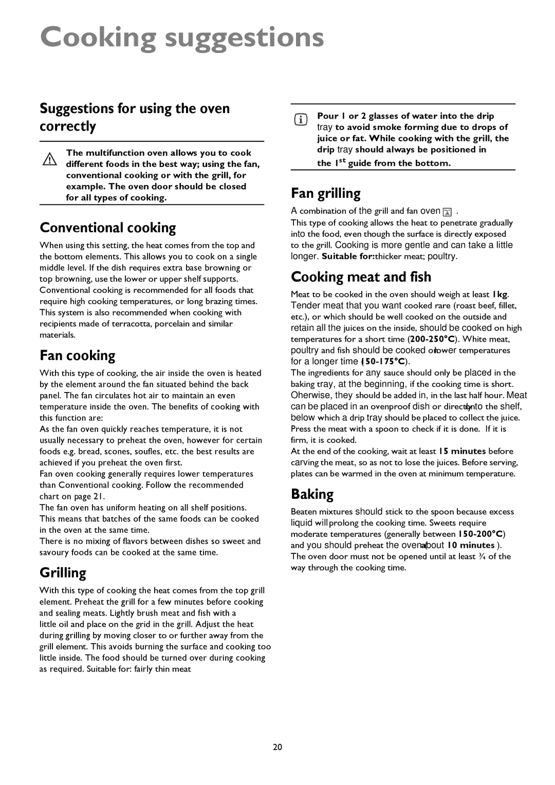 John Lewis JLRC101 Cooking suggestions, Suggestions for using the oven correctly, Cooking meat and fish, Baking 