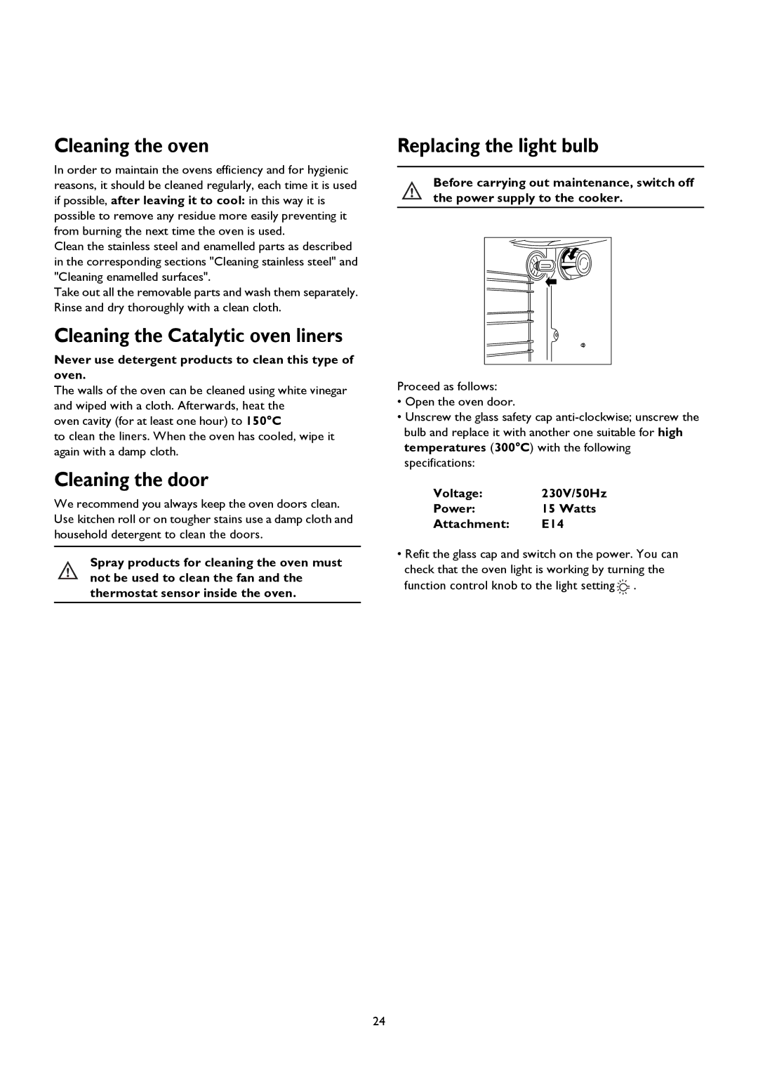 John Lewis JLRC101 Cleaning the oven, Cleaning the Catalytic oven liners, Cleaning the door, Replacing the light bulb 