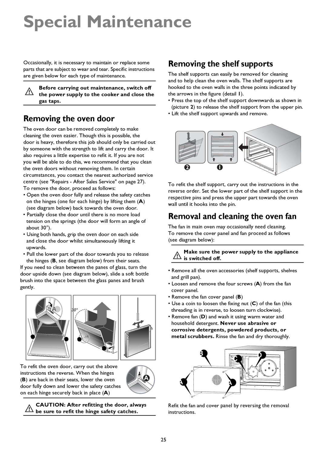 John Lewis JLRC101 instruction manual Special Maintenance, Removing the oven door, Removing the shelf supports 