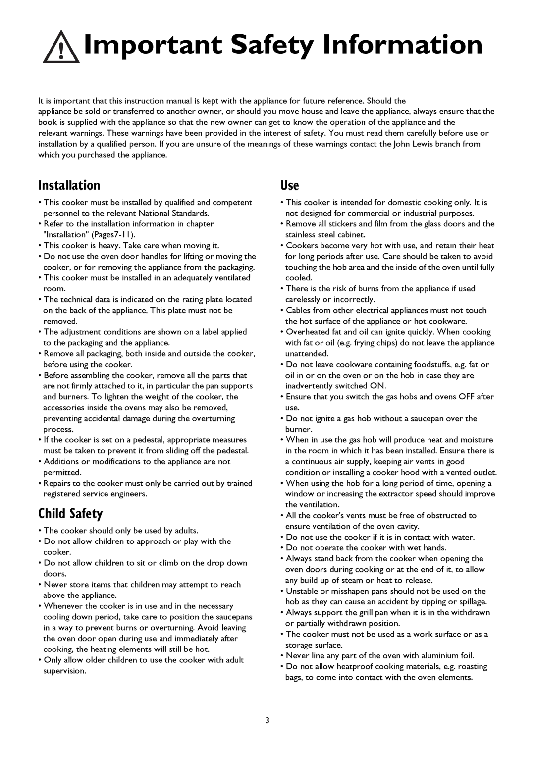 John Lewis JLRC101 instruction manual Installation, Child Safety, Use 