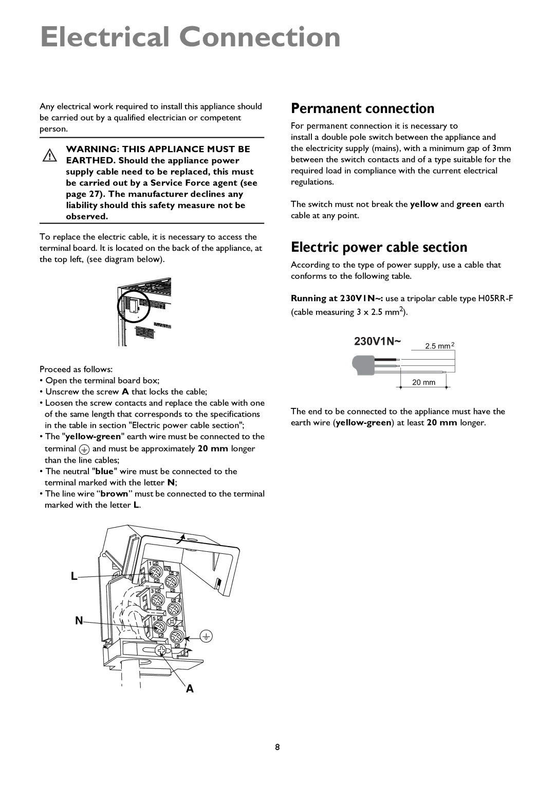 John Lewis JLRC101 instruction manual Electrical Connection, Permanent connection, Electric power cable section 