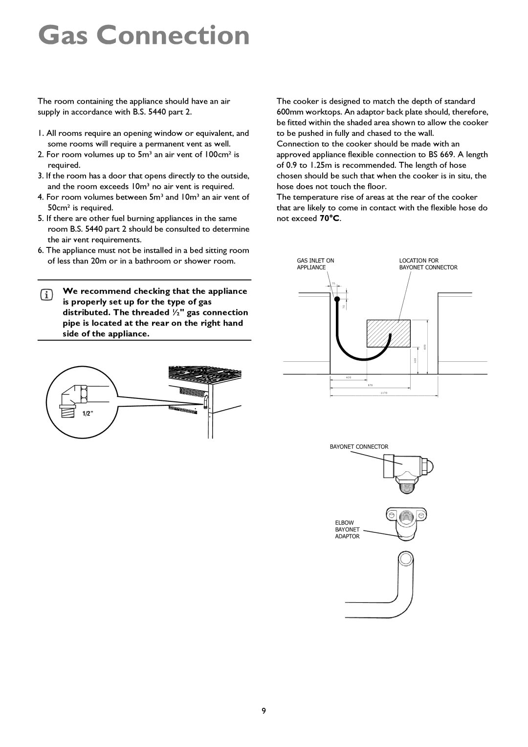 John Lewis JLRC101 instruction manual Gas Connection, For room volumes up to 5m³ an air vent of 100cm² is required 