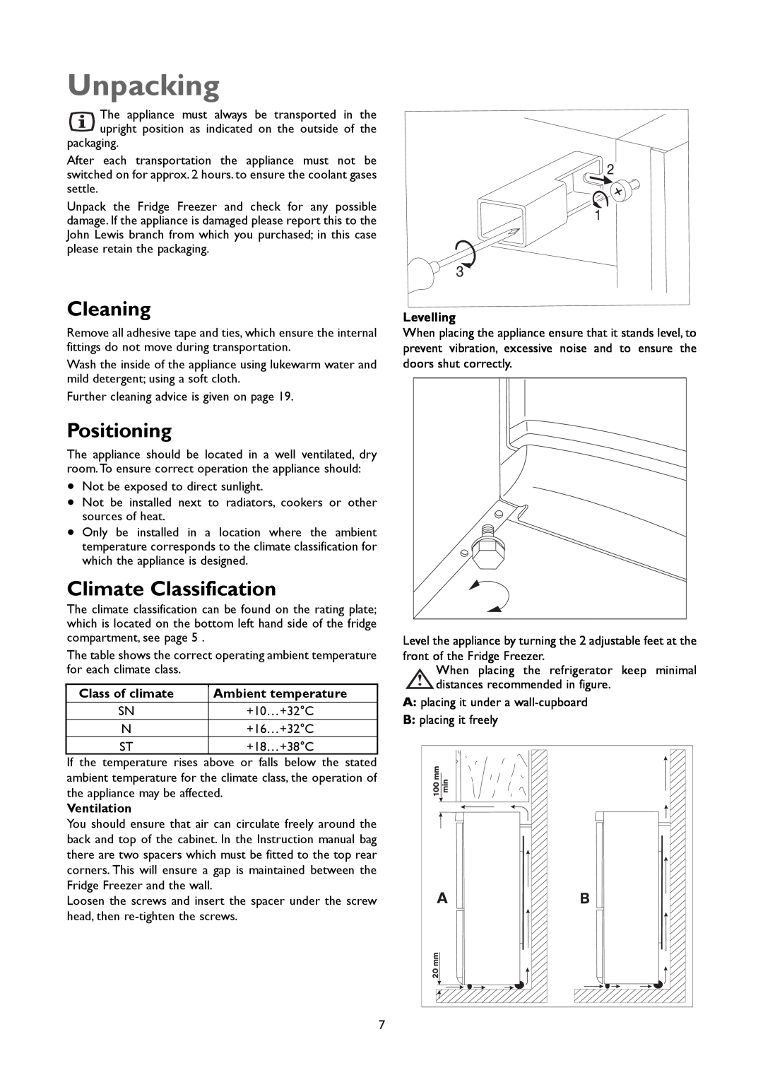 John Lewis JLFFW1807, JLSS1808 instruction manual Unpacking, Cleaning, Positioning, Climate Classification 