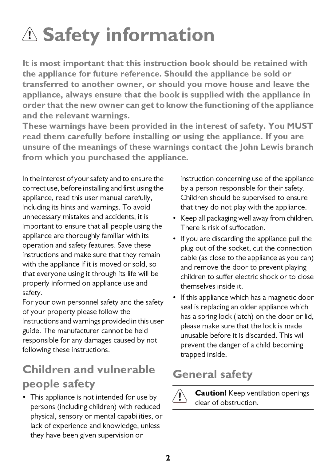 John Lewis JLFFW1811, JLSS1814, JLFFW2013 Safety information, Children and vulnerable people safety, General safety 