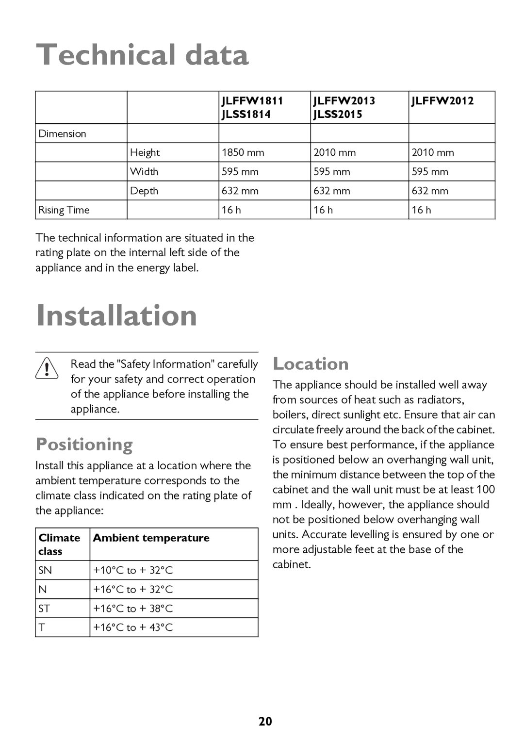 John Lewis JLSS1814, JLFFW2013, JLFFW1811, JLSS2015, JLFFW2012 Technical data, Installation, Positioning, Location 