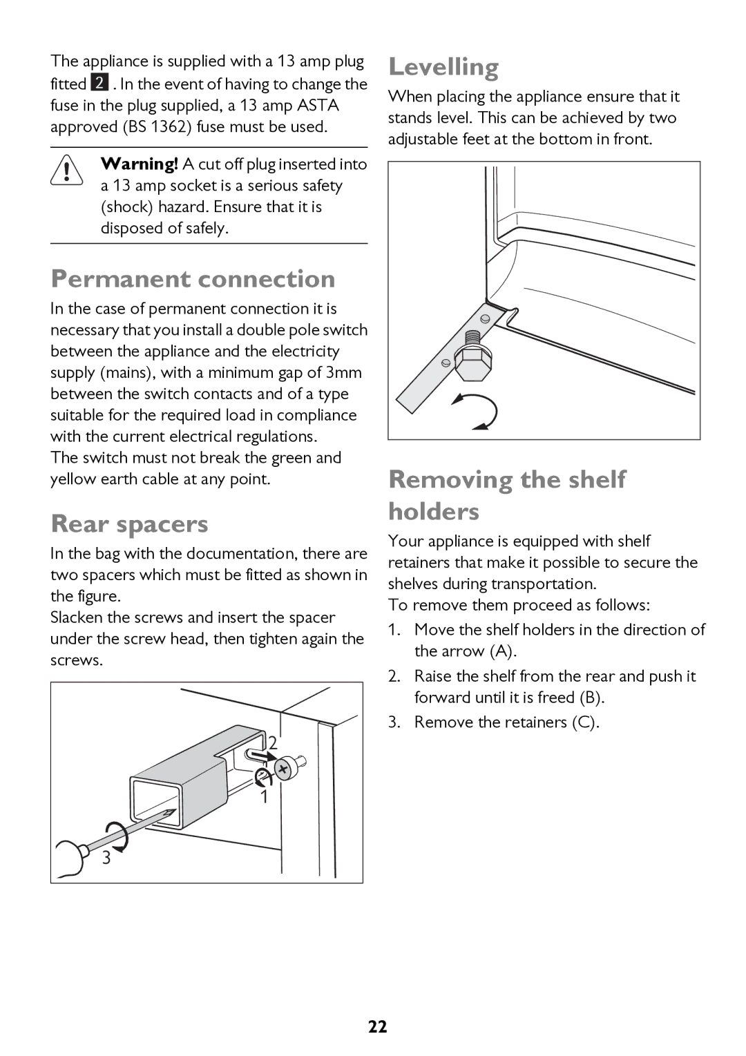 John Lewis JLFFW1811, JLSS1814, JLFFW2013 Permanent connection, Rear spacers, Levelling, Removing the shelf holders 