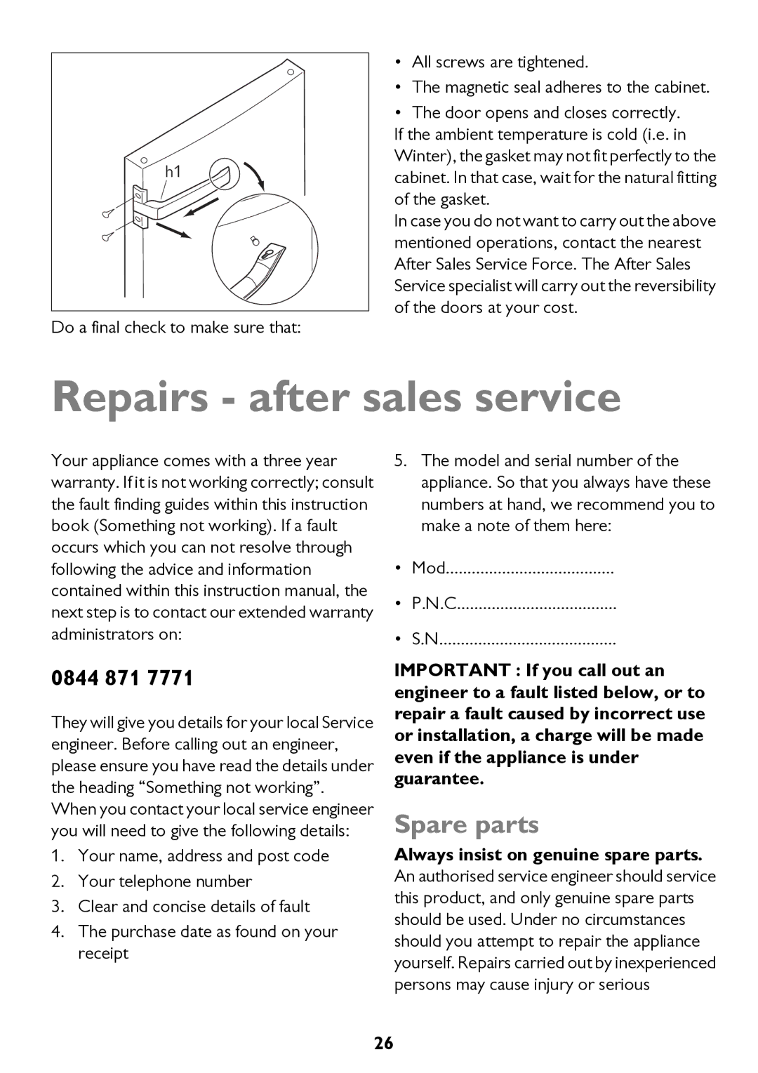 John Lewis JLFFW2013, JLSS1814, JLFFW1811, JLSS2015, JLFFW2012 instruction manual Repairs after sales service, Spare parts 