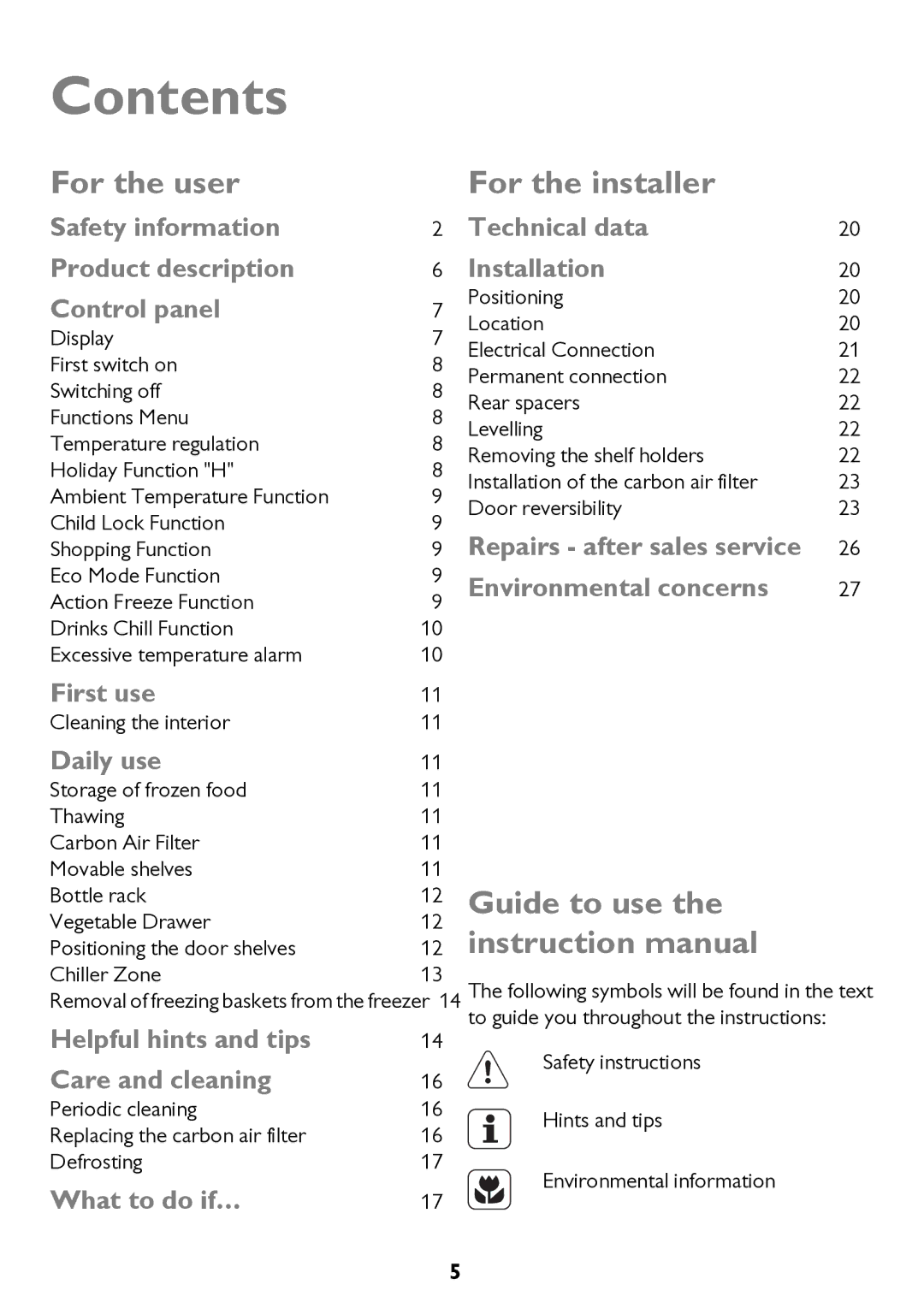 John Lewis JLSS1814, JLFFW2013, JLFFW1811, JLSS2015, JLFFW2012 instruction manual Contents 