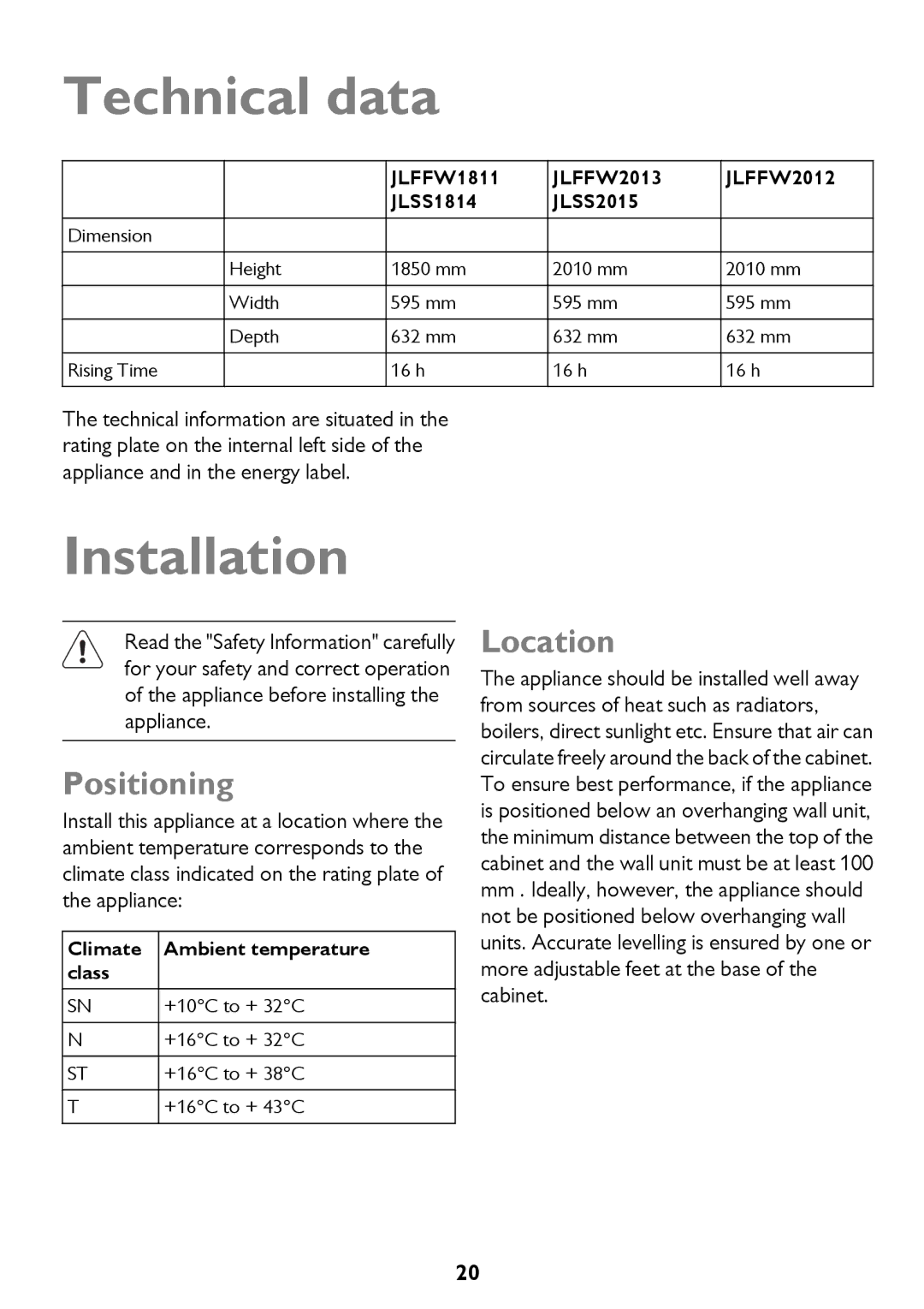 John Lewis JLSS1814, JLFFW2013, JLFFW1811, JLSS2015, JLFFW2012 Technical data, Installation, Positioning, Location 