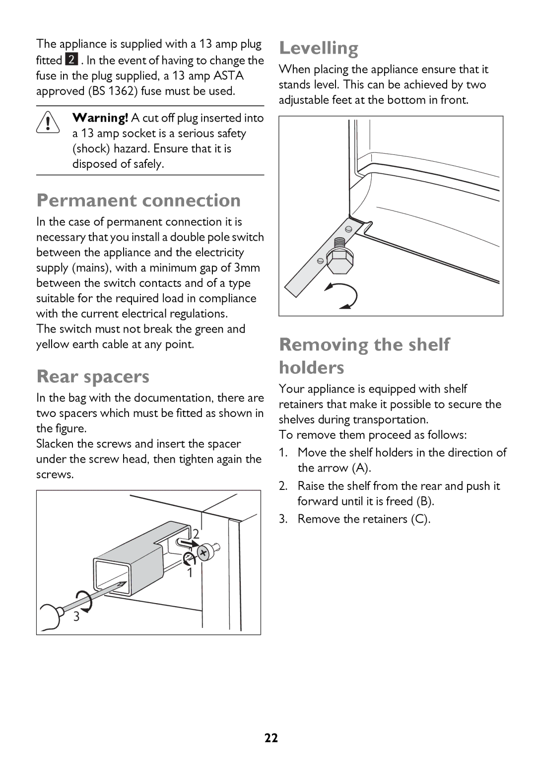 John Lewis JLFFW1811, JLSS1814, JLFFW2013 Permanent connection, Rear spacers, Levelling, Removing the shelf holders 