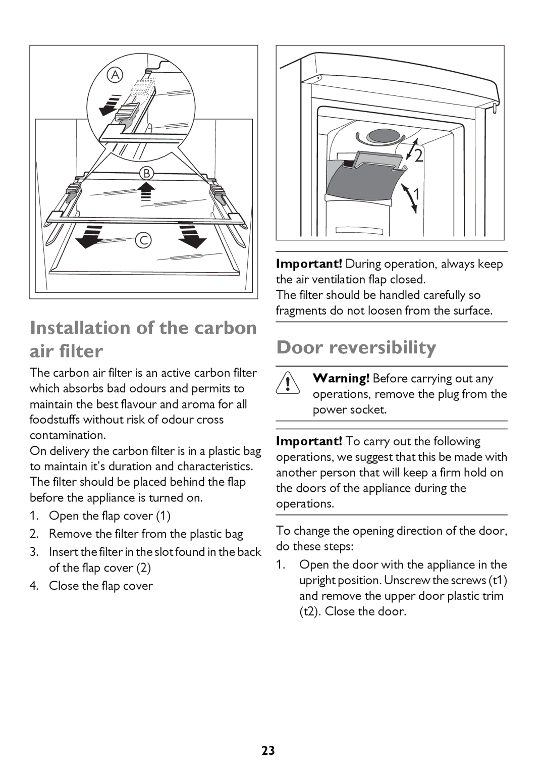 John Lewis JLSS2015, JLSS1814, JLFFW2013, JLFFW1811, JLFFW2012 Installation of the carbon air filter, Door reversibility 